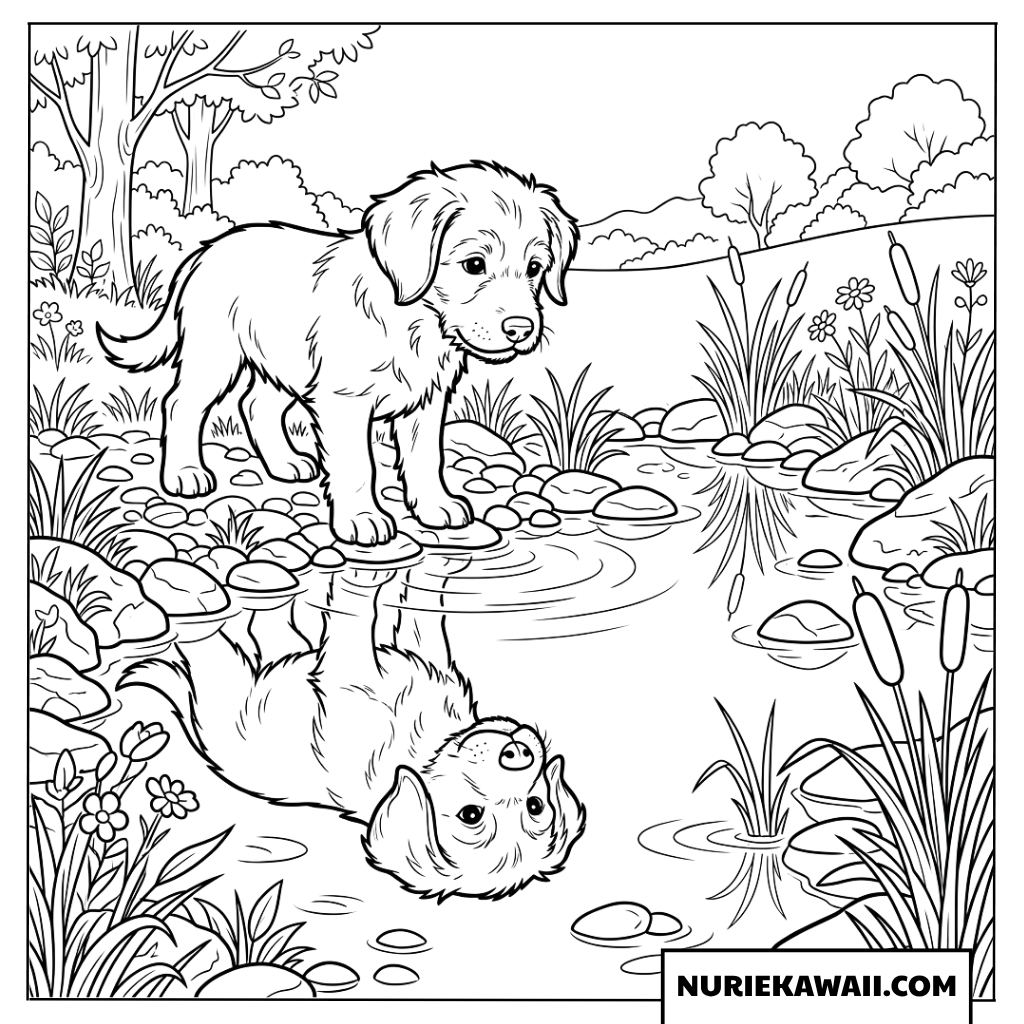静かな池の水面に映る自分の姿を不思議そうに見つめる子犬の塗り絵