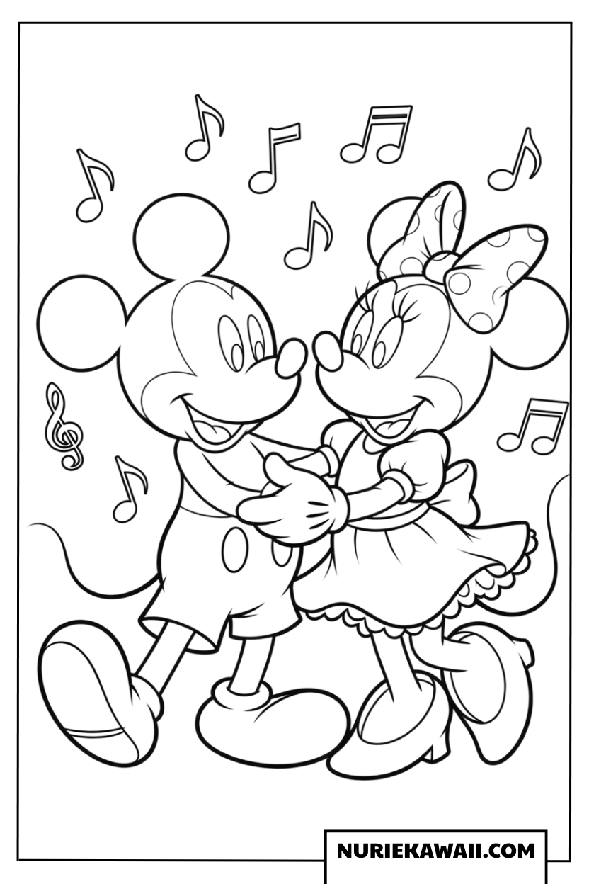音楽に合わせて楽しくダンスするミッキーとミニーの塗り絵