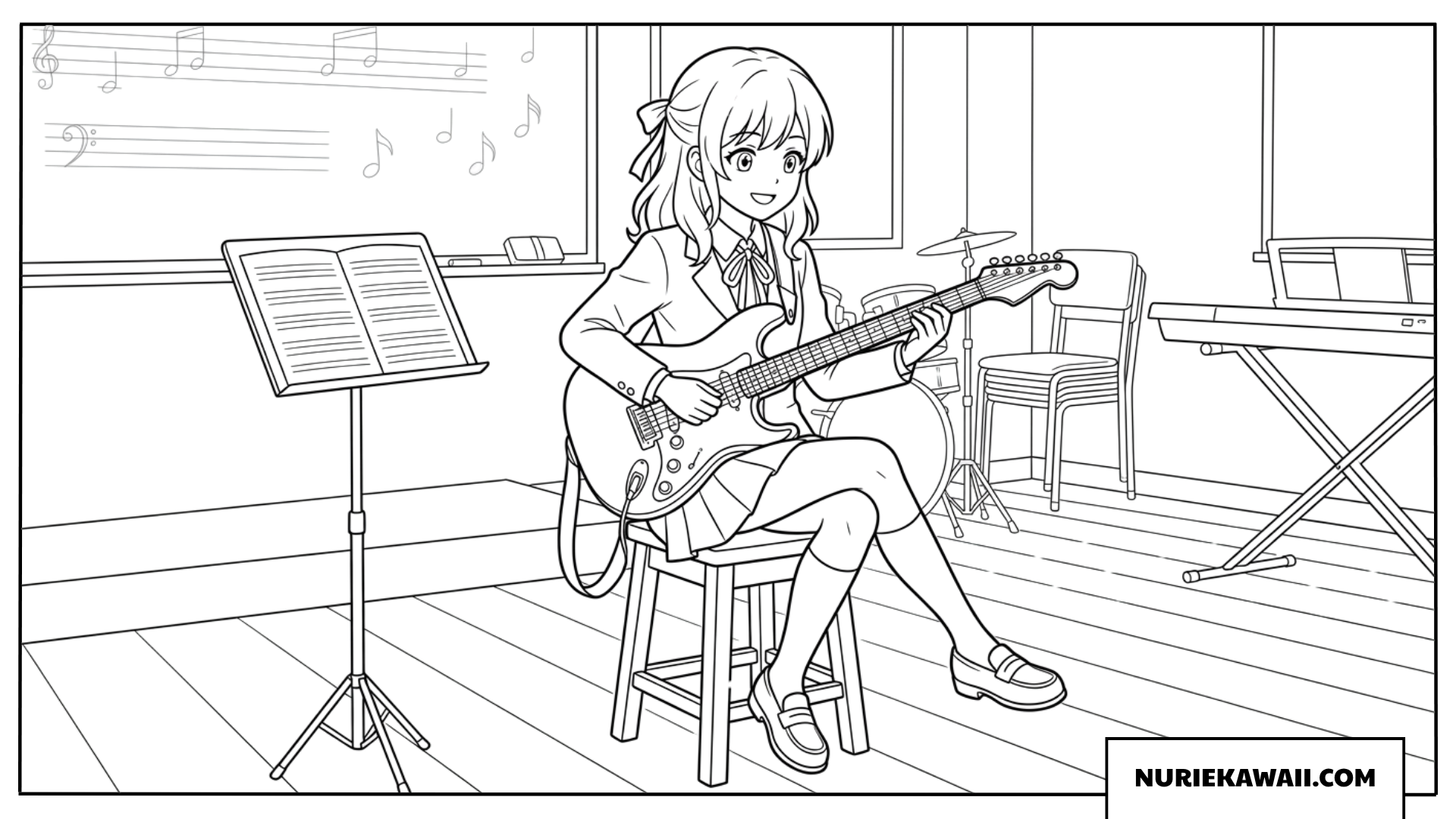 音楽室の椅子に座ってエレキギターを弾くアニメの女の子の塗り絵