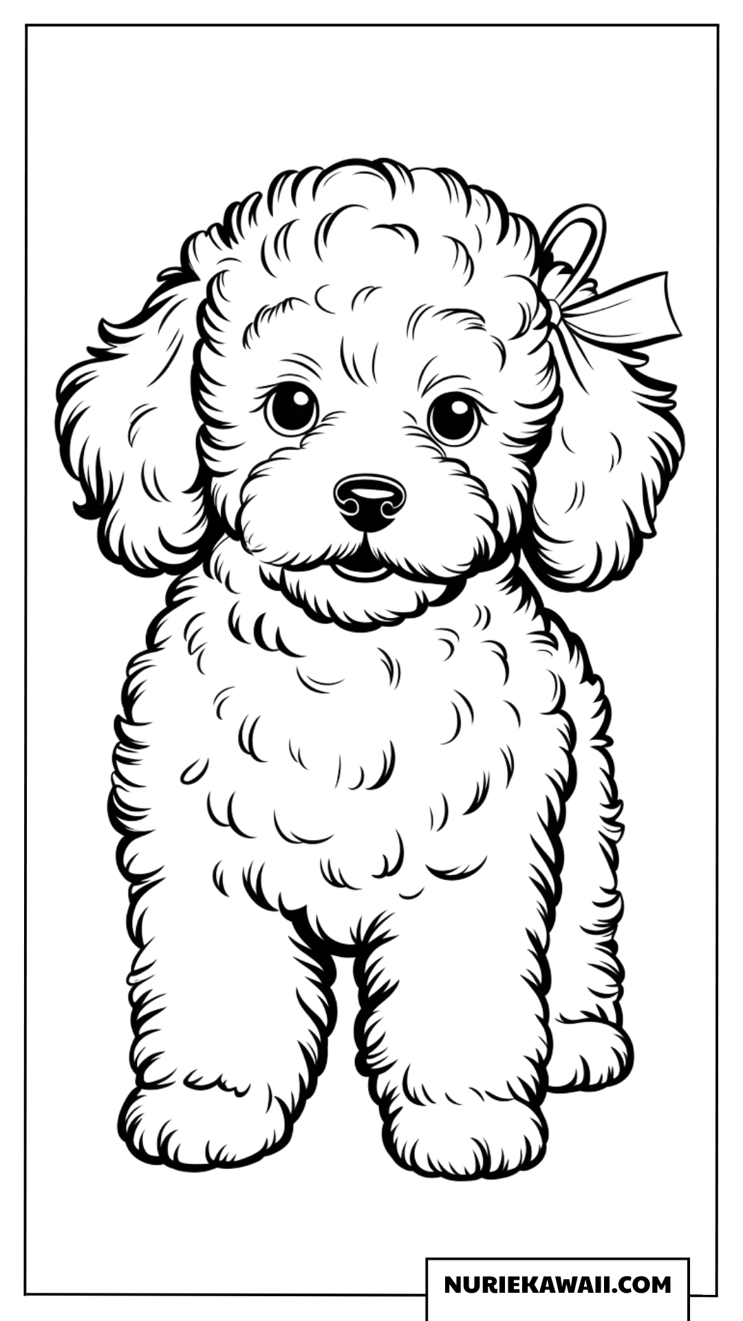 頭に可愛いリボンをつけたもこもこトイプードルの子犬の塗り絵