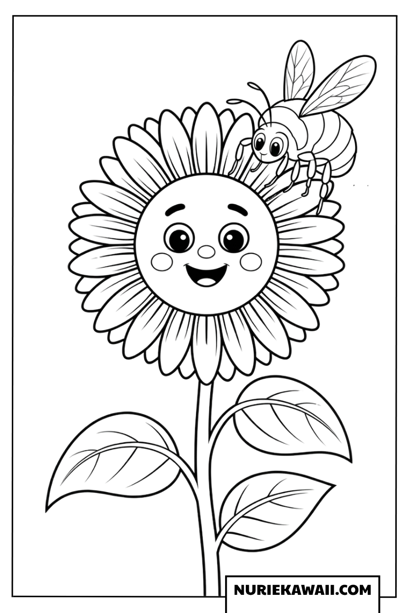 頭の上に可愛いミツバチがとまったひまわりの塗り絵