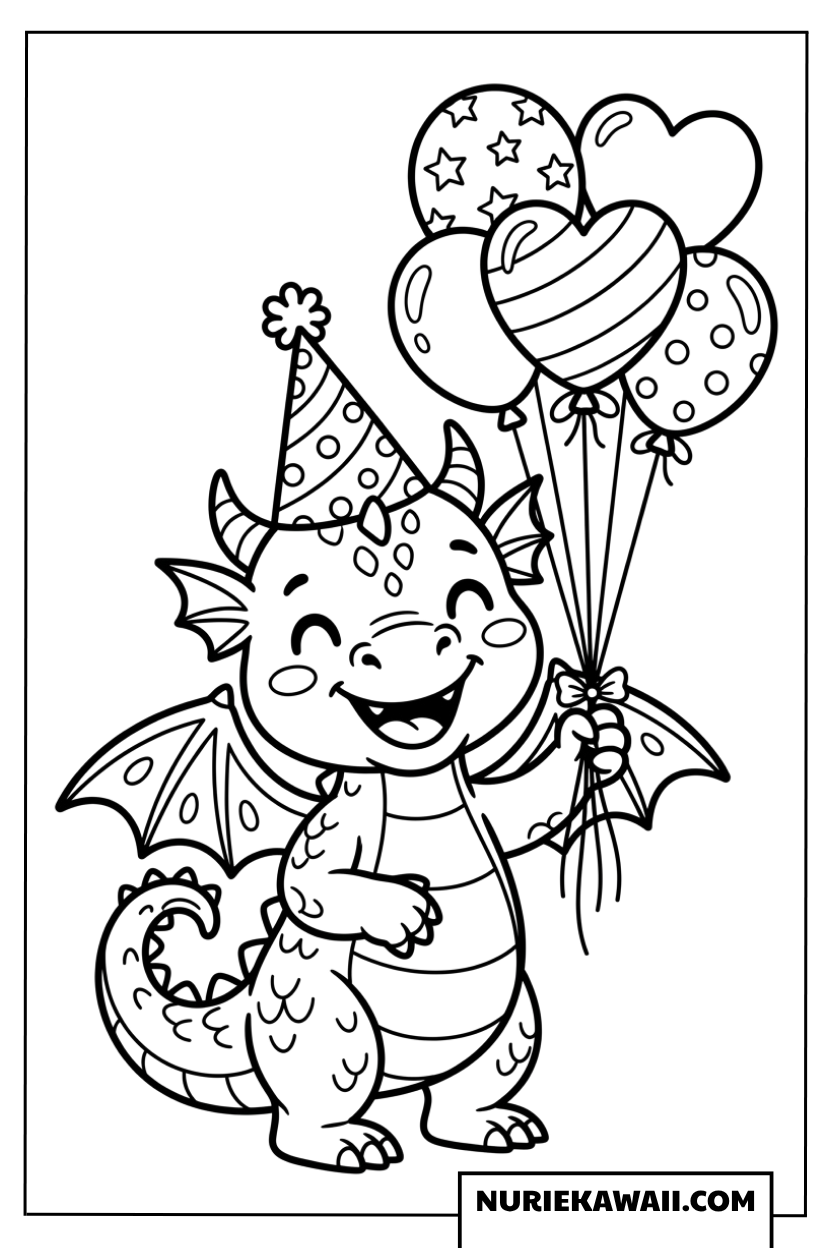 風船を持って帽子をかぶった、誕生日をお祝いするドラゴンの塗り絵