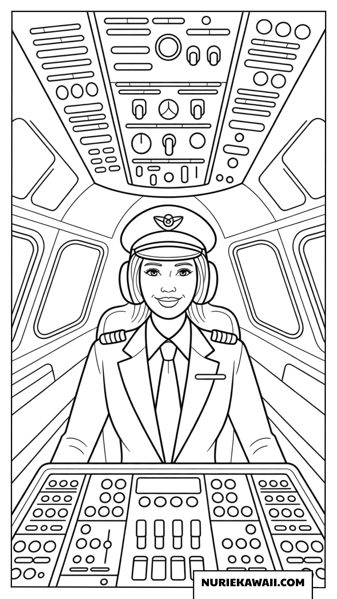 飛行機のコックピットで操縦する女性パイロット女の子塗り絵