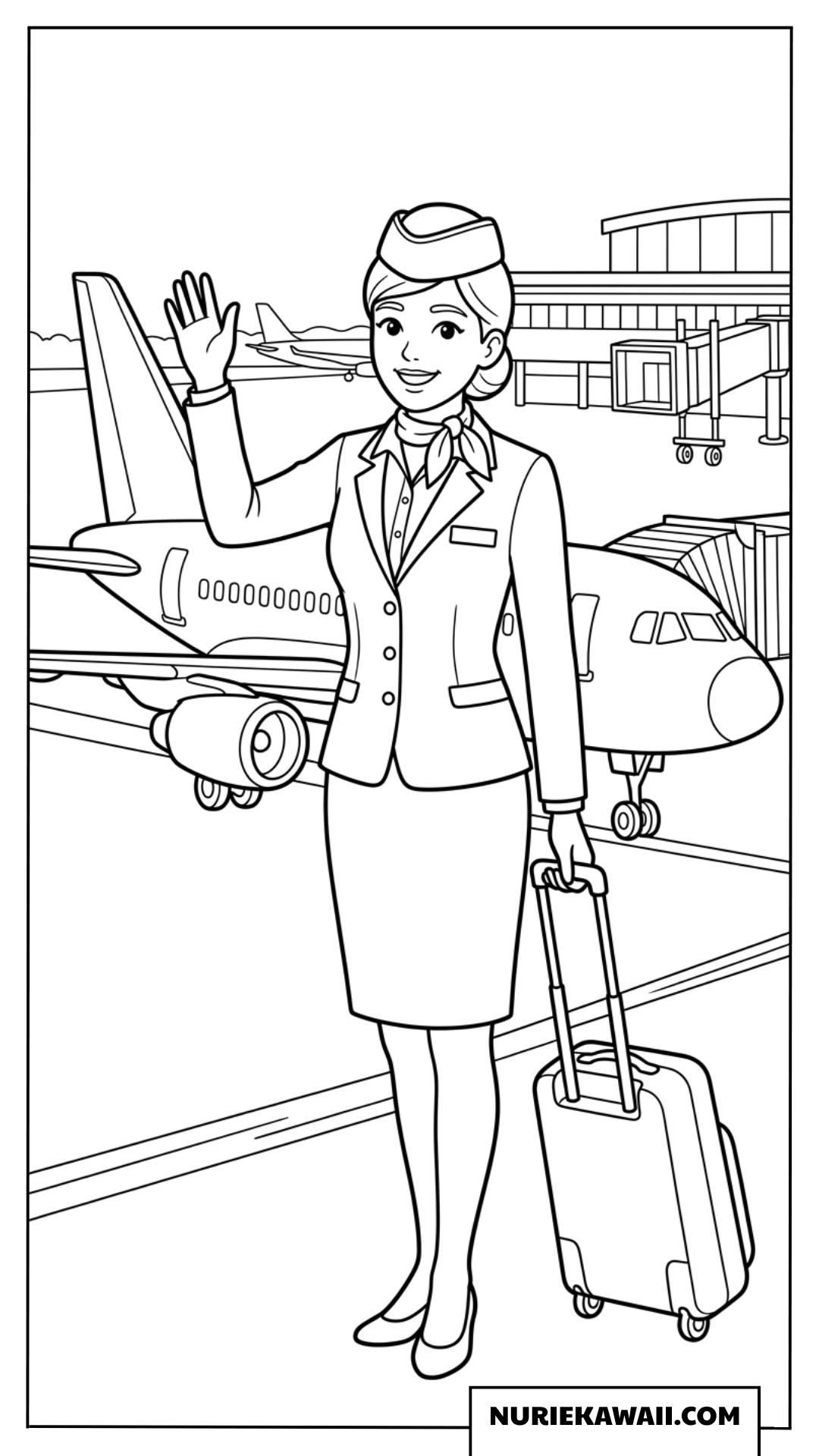 飛行機をバックに笑顔で手を振る客室乗務員女の子塗り絵