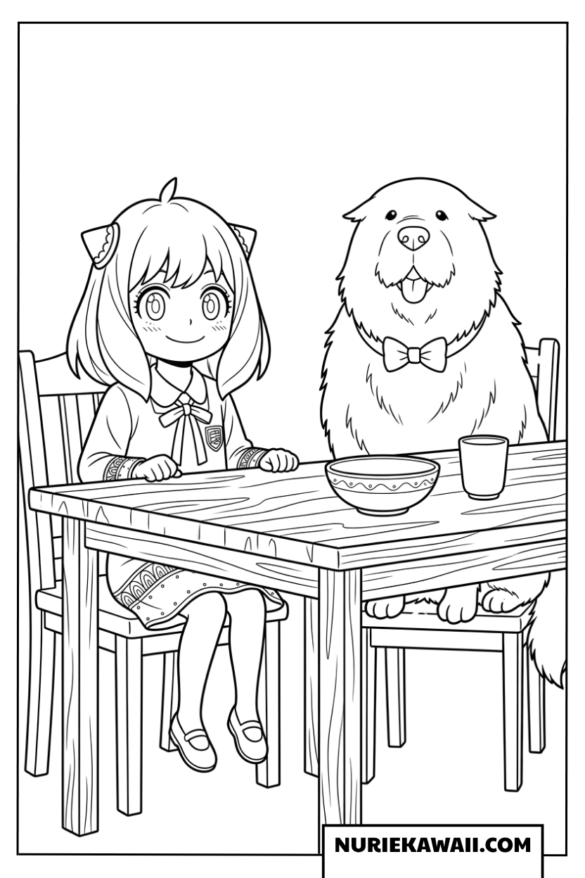 食卓でお座りするアーニャとボンドの塗り絵
