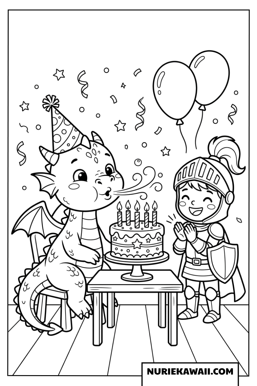 騎士と赤ちゃんドラゴンの楽しい誕生日パーティーの塗り絵