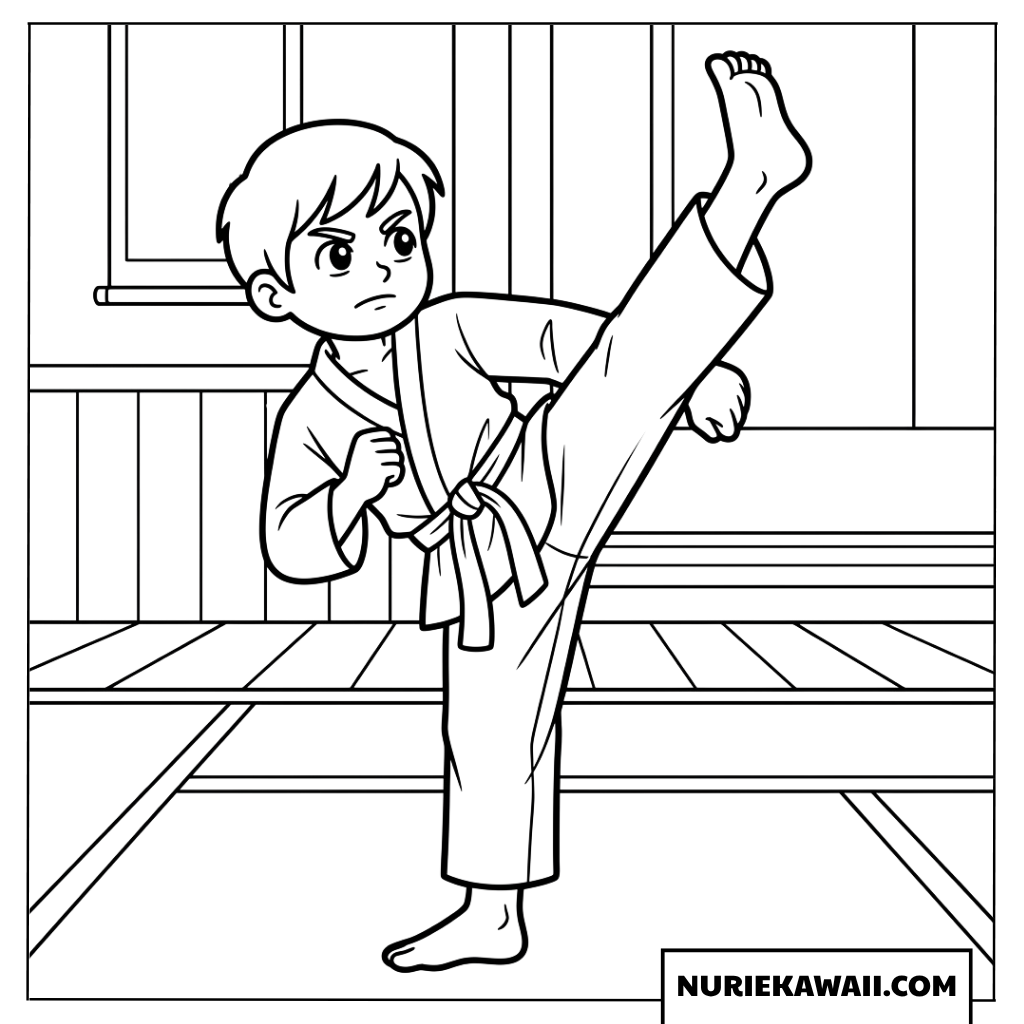 高い蹴りを披露する少年のかっこいい塗り絵