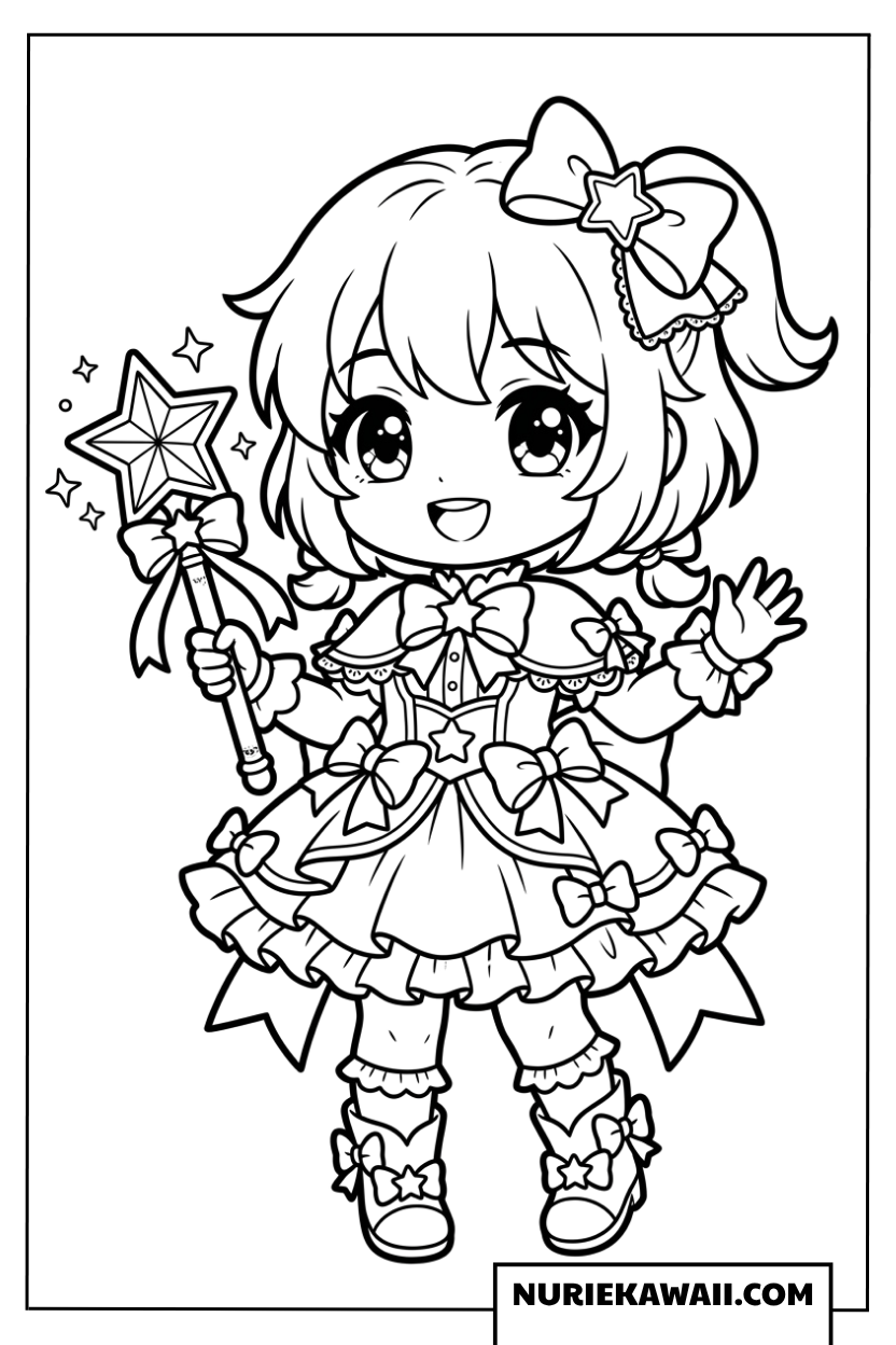 魔法のステッキを持つちびキャラ女の子の塗り絵