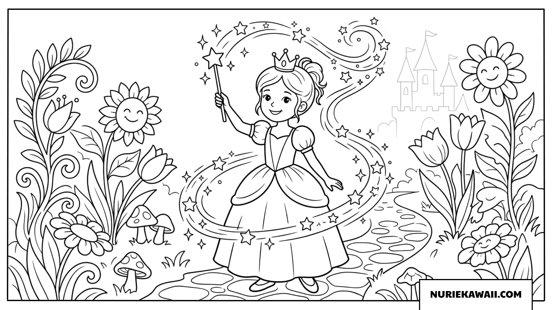 魔法のプリンセスと花畑の塗り絵