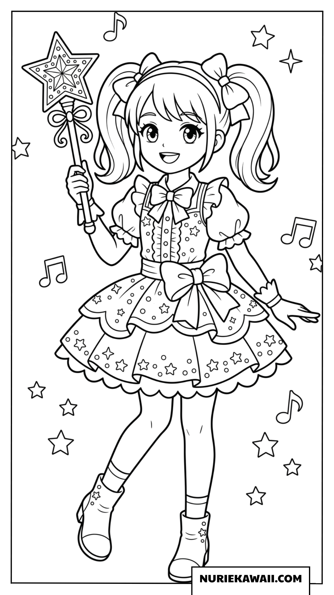 魔法の星ステッキを持つアイドル女の子塗り絵