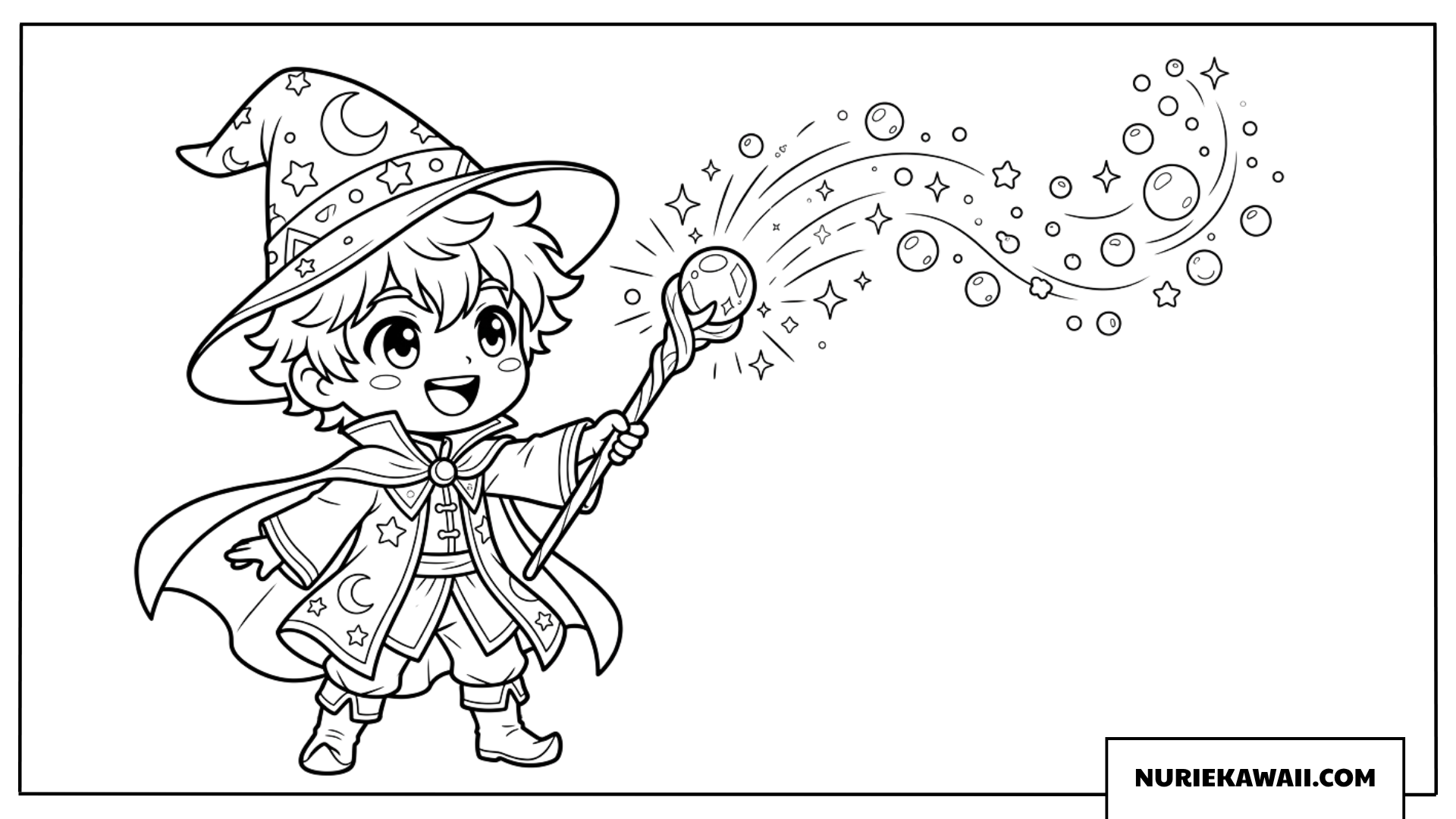 魔法を唱える魔法使いのちびキャラ男の子の塗り絵