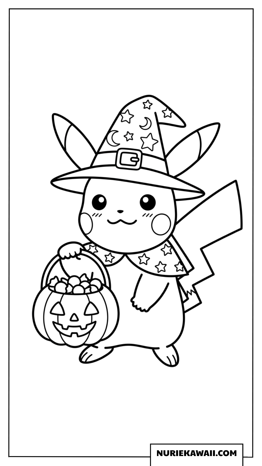 魔法使いの帽子をかぶったピカチュウのハロウィン塗り絵