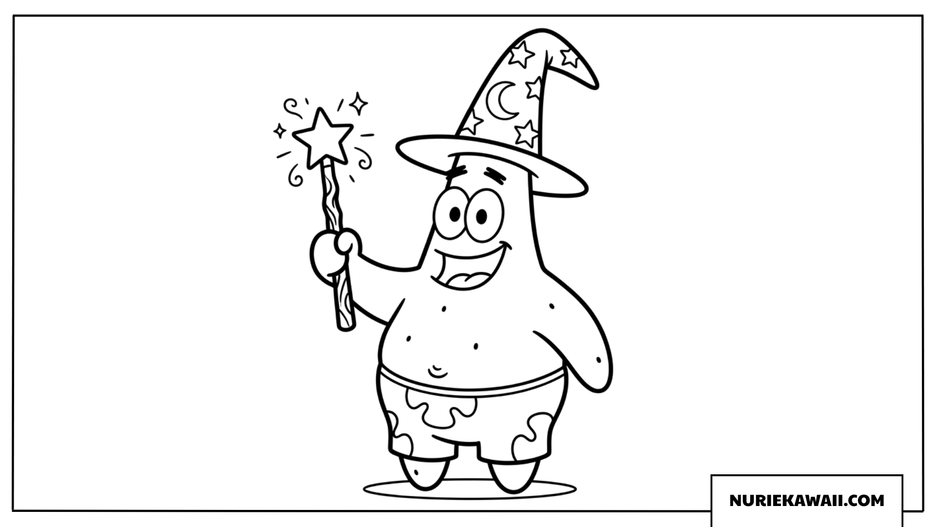魔法使いの帽子をかぶって魔法のステッキを持つパトリックの塗り絵