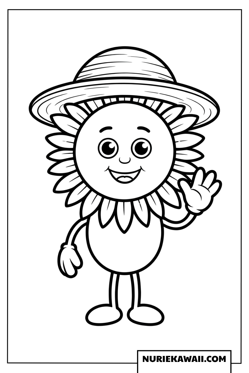 麦わら帽子をかぶって手を振るひまわりキャラクターの塗り絵
