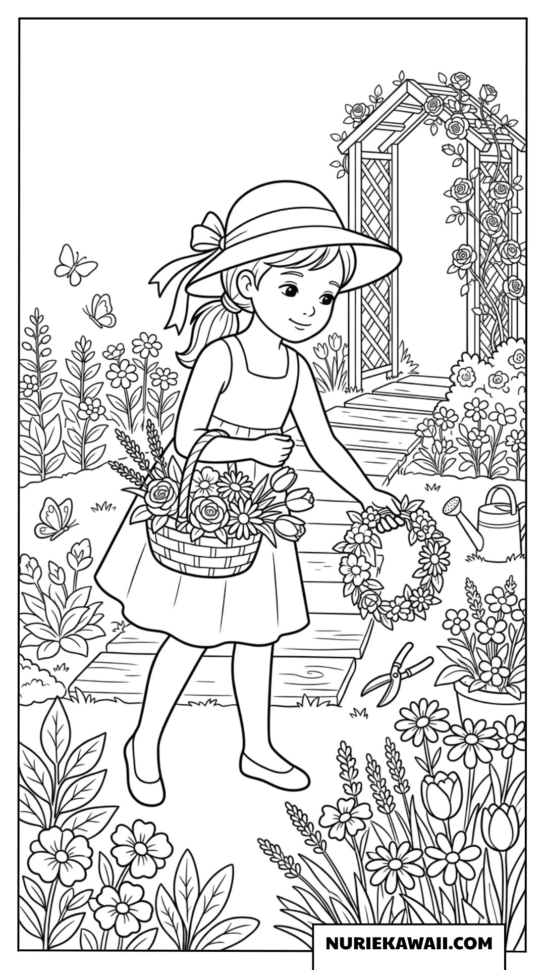 麦わら帽子をかぶりお庭で花を摘む可愛い女の子塗り絵