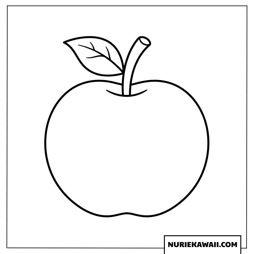 1枚の可愛い葉っぱと茎がついた丸いリンゴの簡単塗り絵