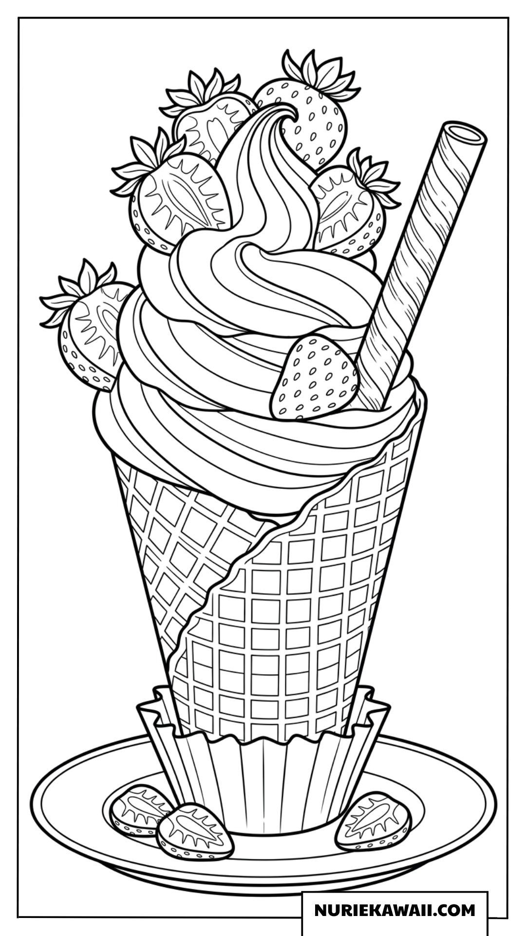 いちごと巻きシガーを添えた豪華なソフトクリームの塗り絵