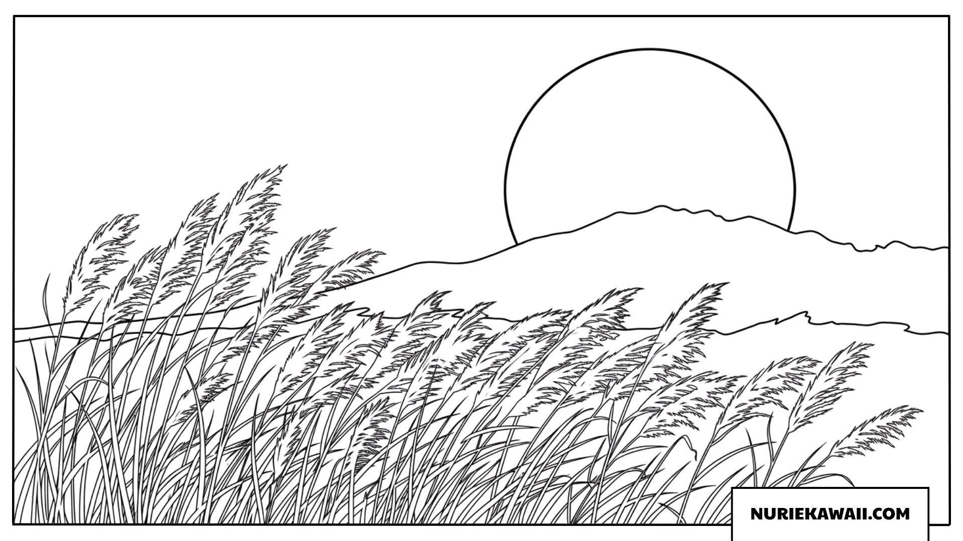 お月見の夜に輝く大きな満月と揺れるススキの秋の風景の塗り絵