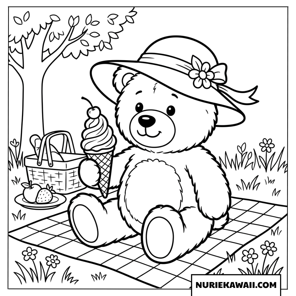 お洒落な帽子をかぶったクマのピクニックとソフトクリームの塗り絵