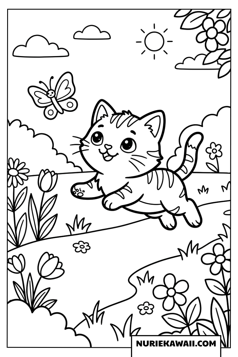 お花畑でちょうちょを追いかける子猫の塗り絵