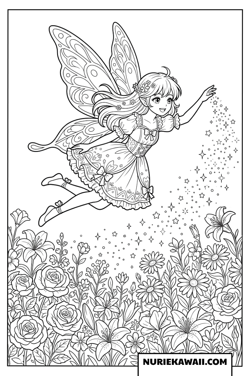 お花畑の上を飛んで魔法の粉をまく可愛い妖精の塗り絵