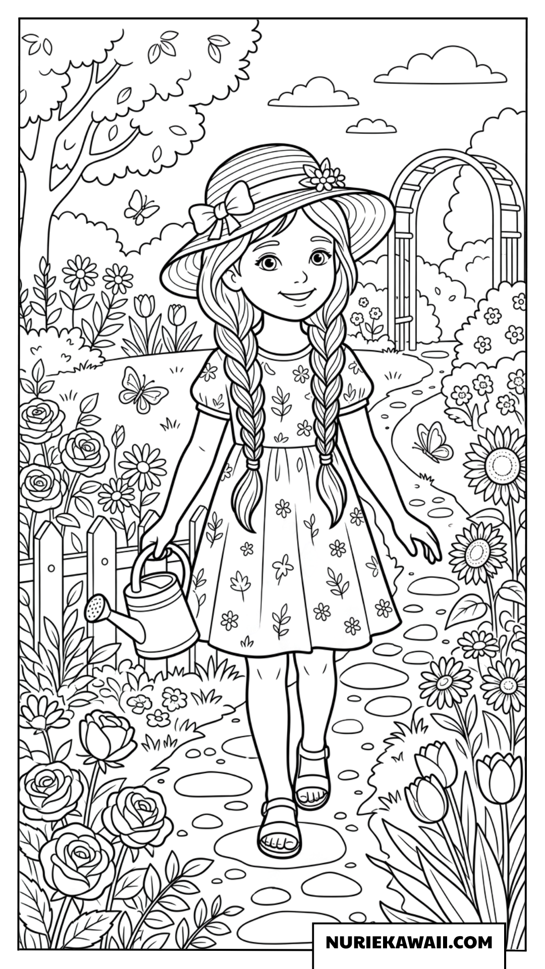 お花畑を散歩する麦わら帽子の女の子と可愛いお花の塗り絵