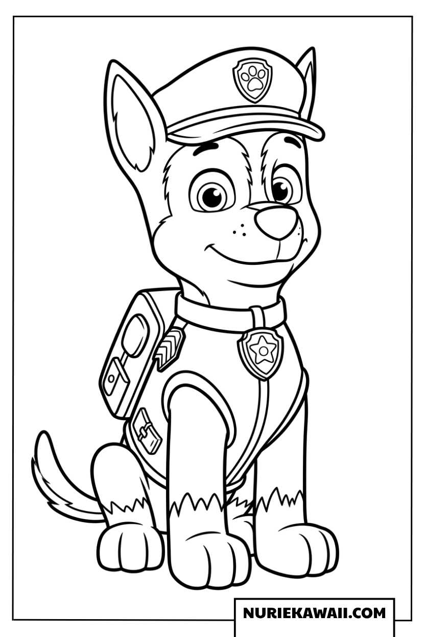 お行儀よく座って微笑む警察犬チェイスの可愛い 塗り絵