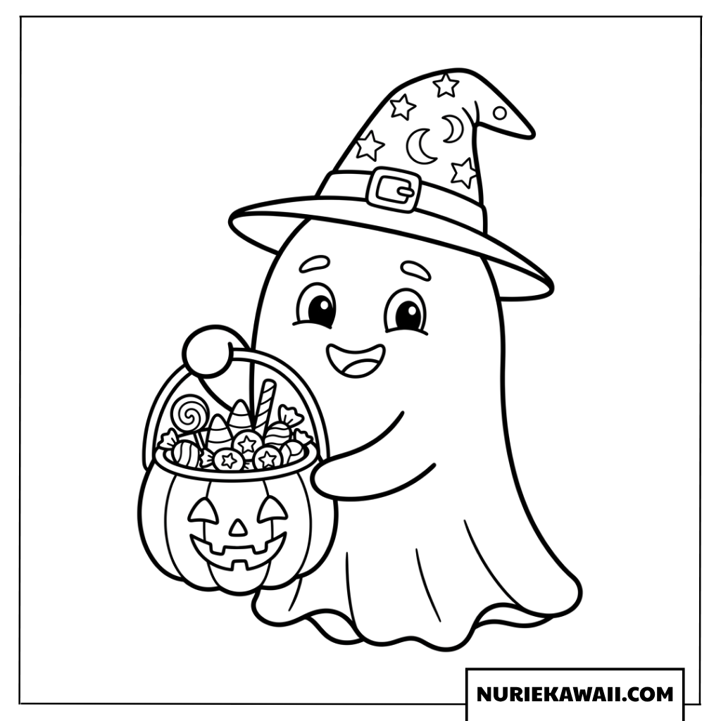 かぼちゃのバケツとお菓子を持つ可愛いおばけの塗り絵