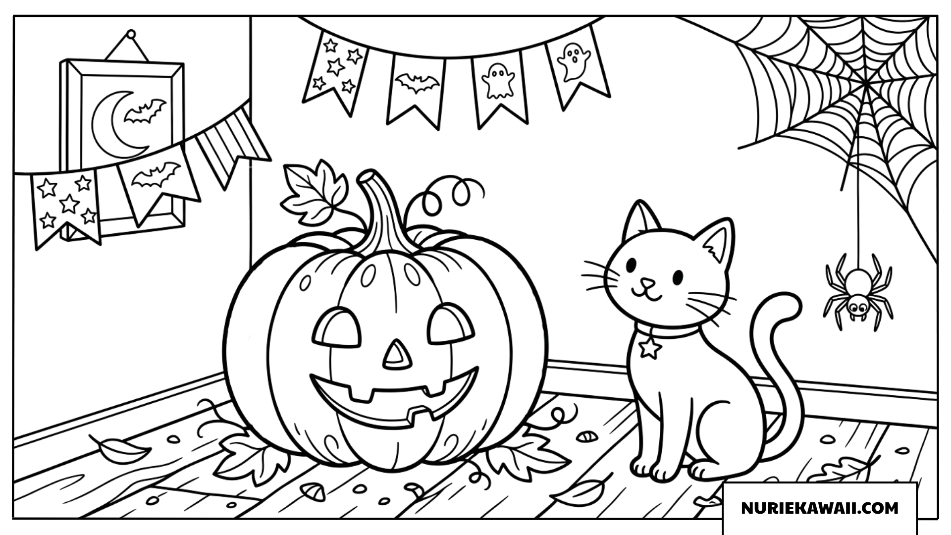 かぼちゃのランタンと可愛い子猫のハロウィン塗り絵