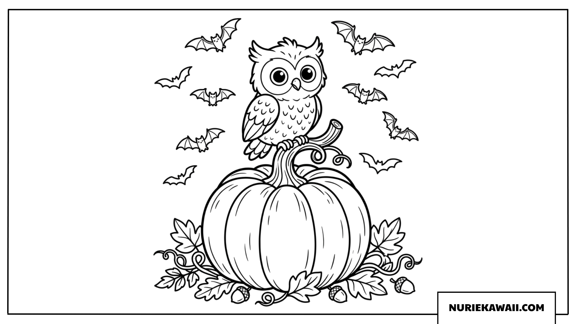かぼちゃの上にとまる可愛いフクロウのハロウィン塗り絵