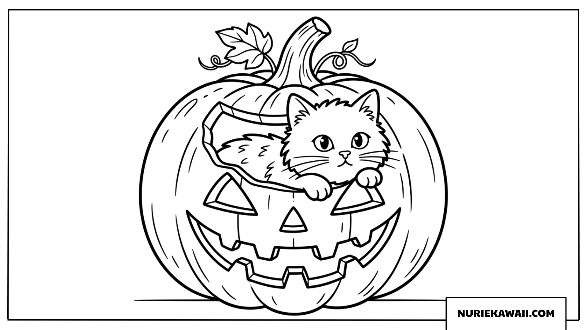 かぼちゃの中から顔を出す可愛い子猫のハロウィン塗り絵