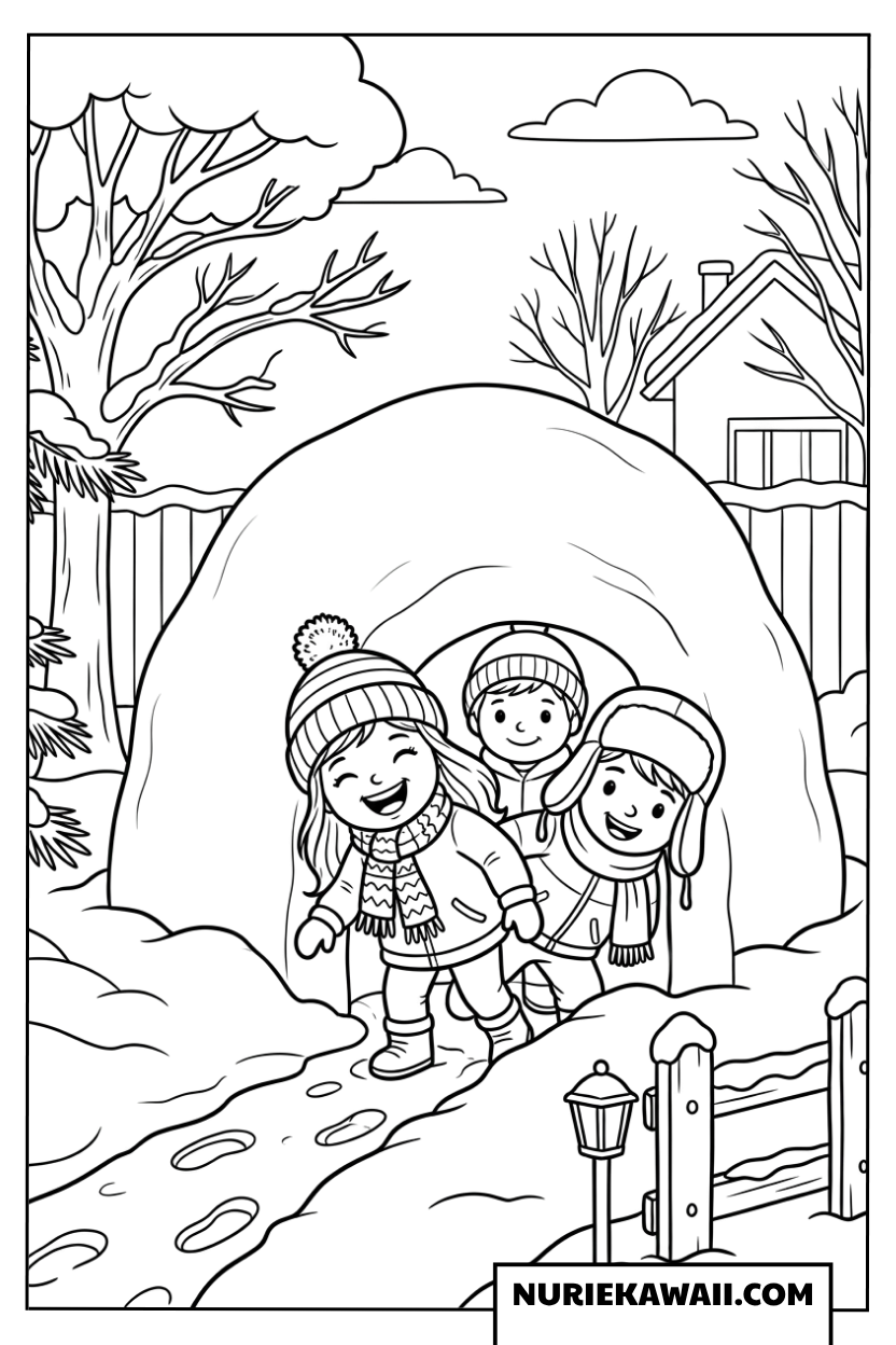 かまくらから顔を出す子供たちの冬의遊び塗り絵