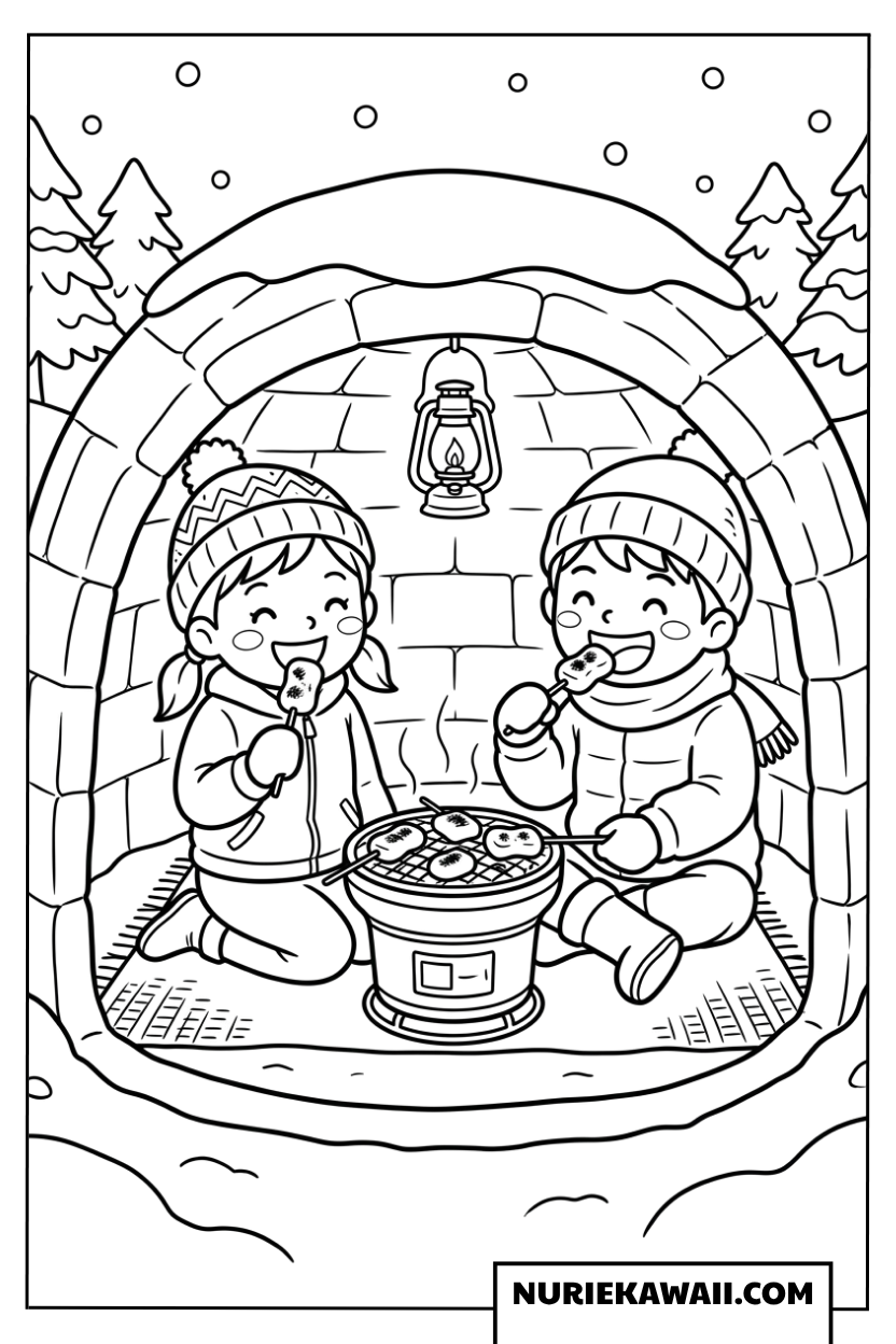 かまくらの中で温かいお餅を焼いて食べる子どもたちの冬塗り絵