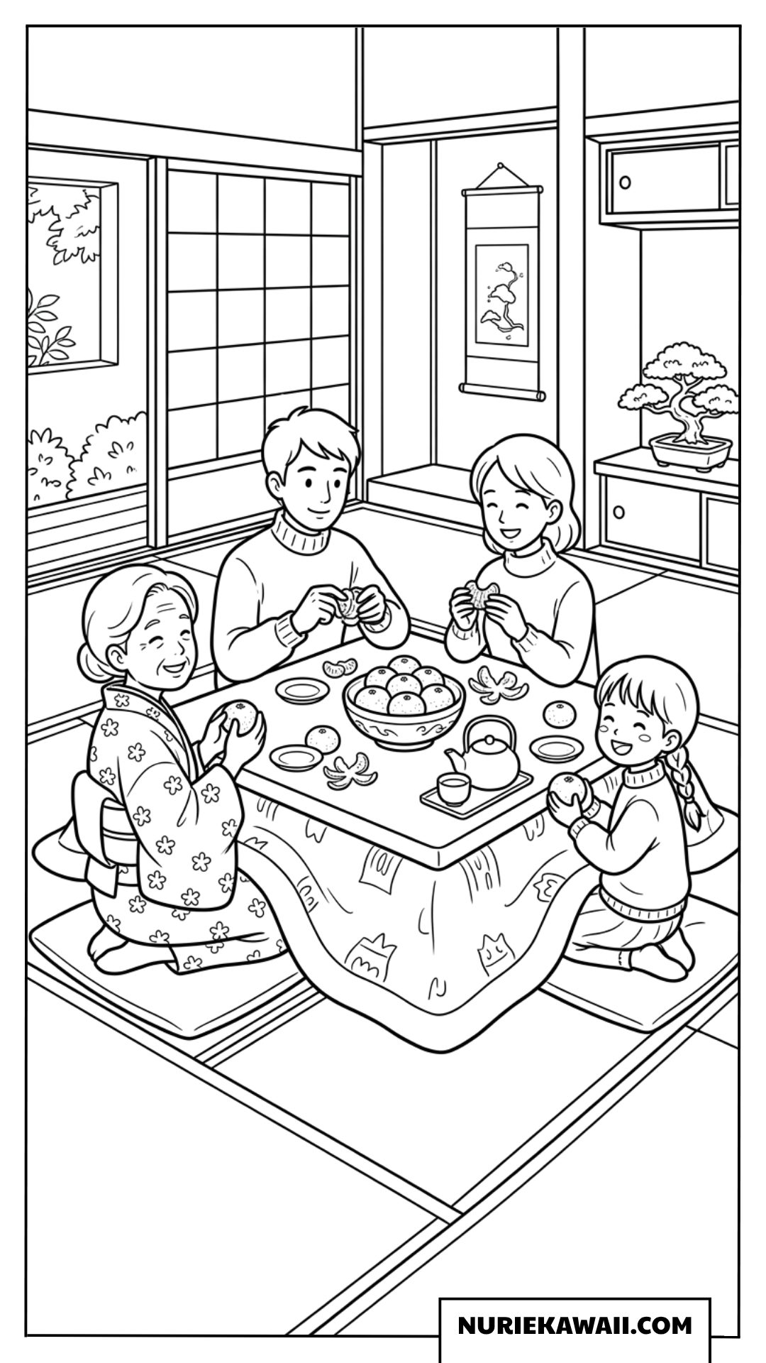 こたつを囲んでみかんを食べる家族の冬の室内遊び塗り絵