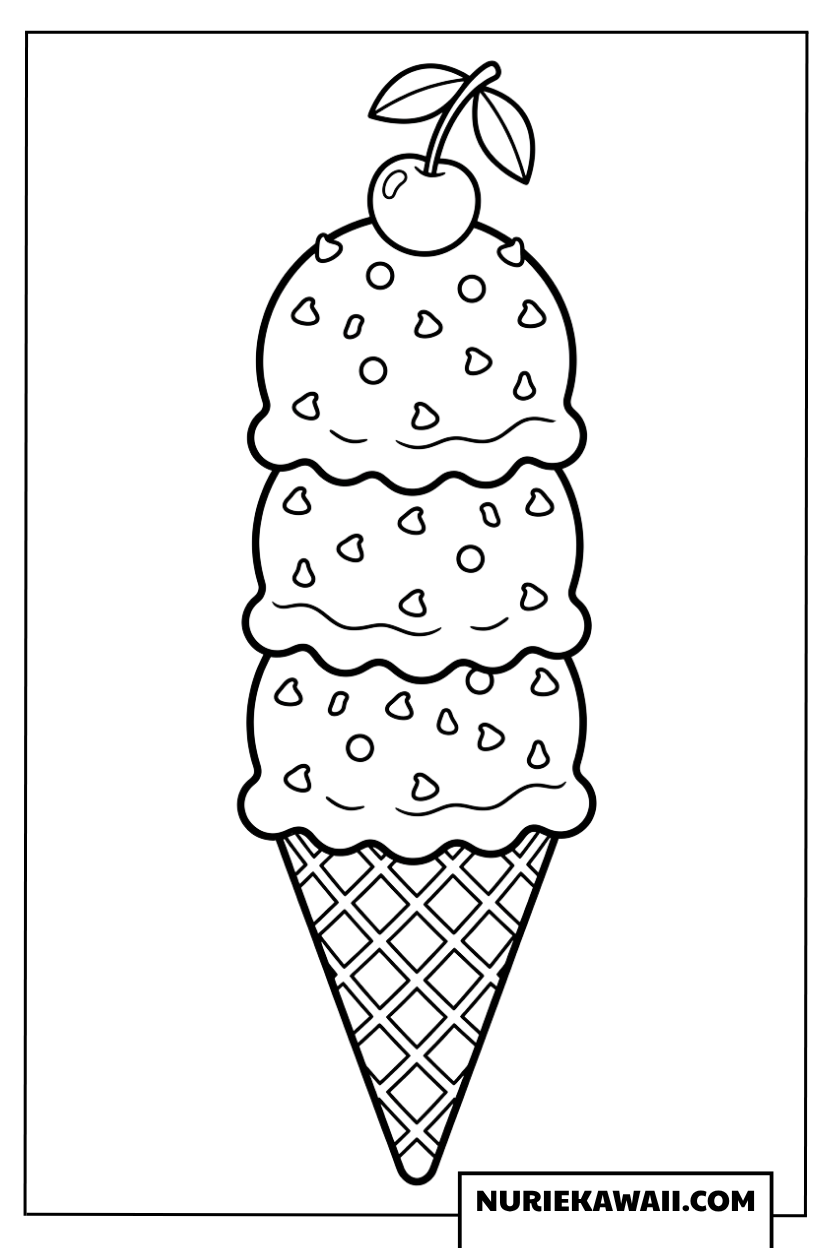 さくらんぼとトッピング付き３段アイスクリームの塗り絵