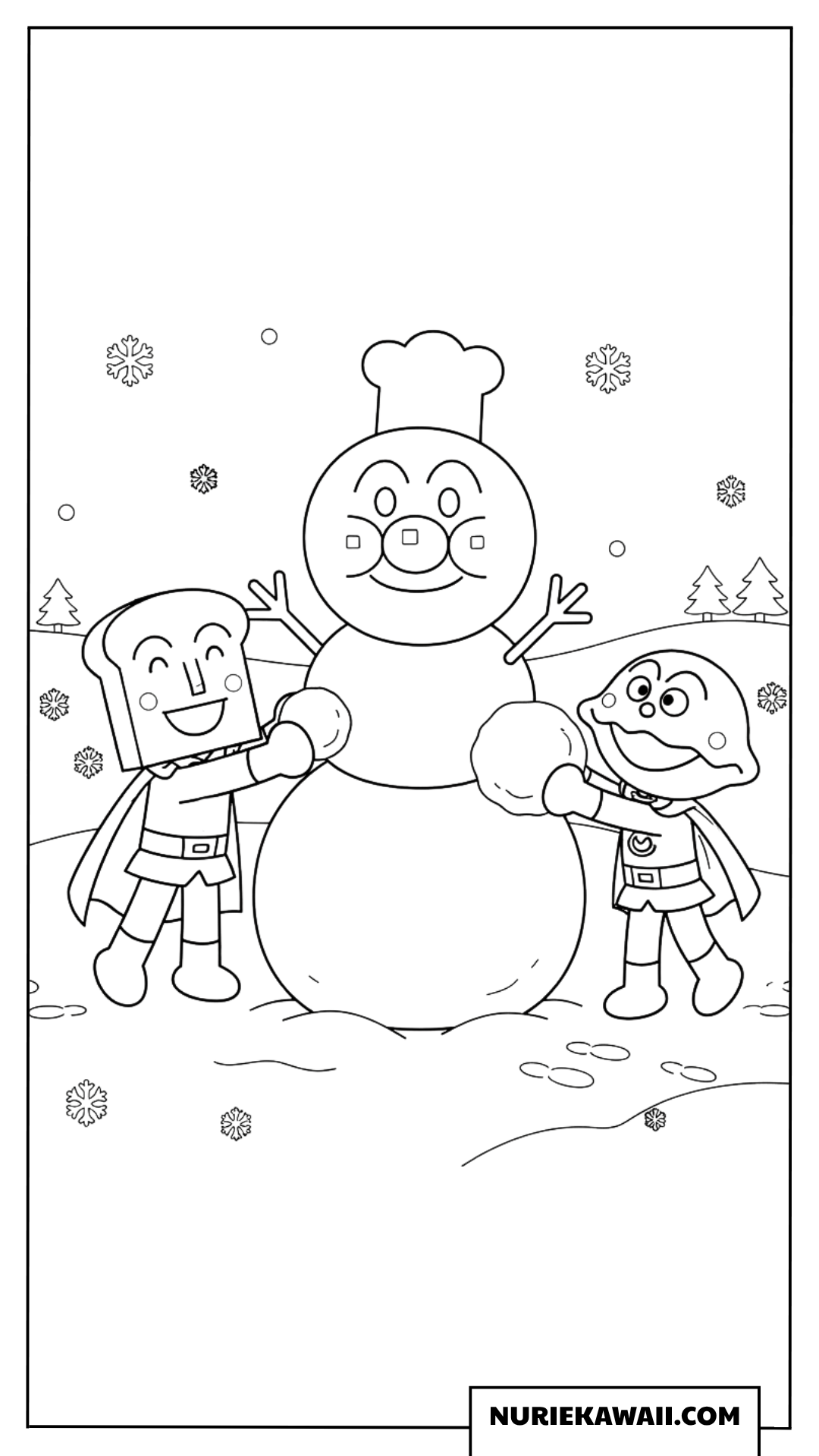 しょくぱんまんとカレーパンマンが可愛いコックさんの雪だるまを作る塗り絵