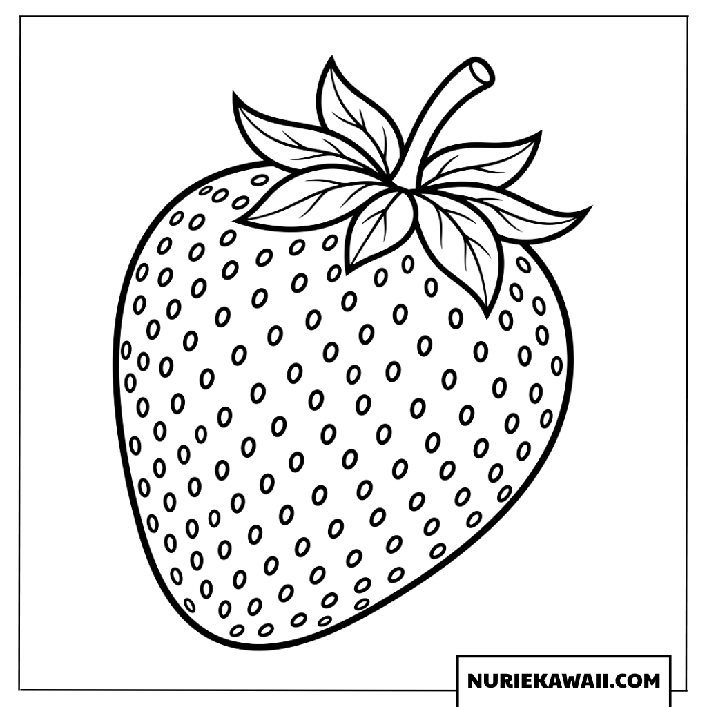 たくさんのツブツブと葉っぱがついた可愛いイチゴの塗り絵