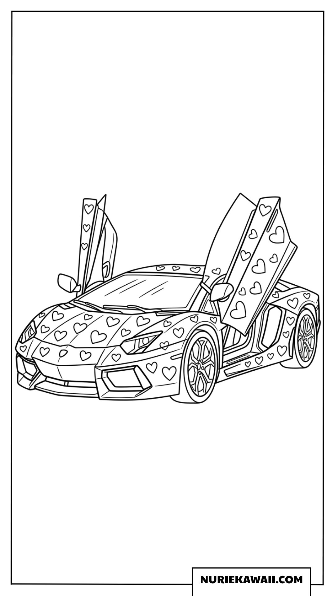 たくさんのハートマークに包まれたドア開閉ランボルギーニの可愛い塗り絵