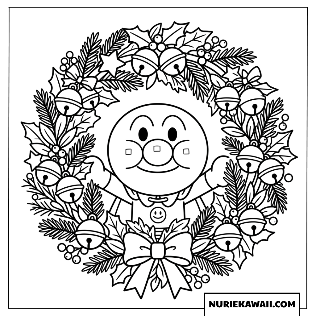 たくさんのベルとアンパンマンが描かれたクリスマスリースの塗り絵