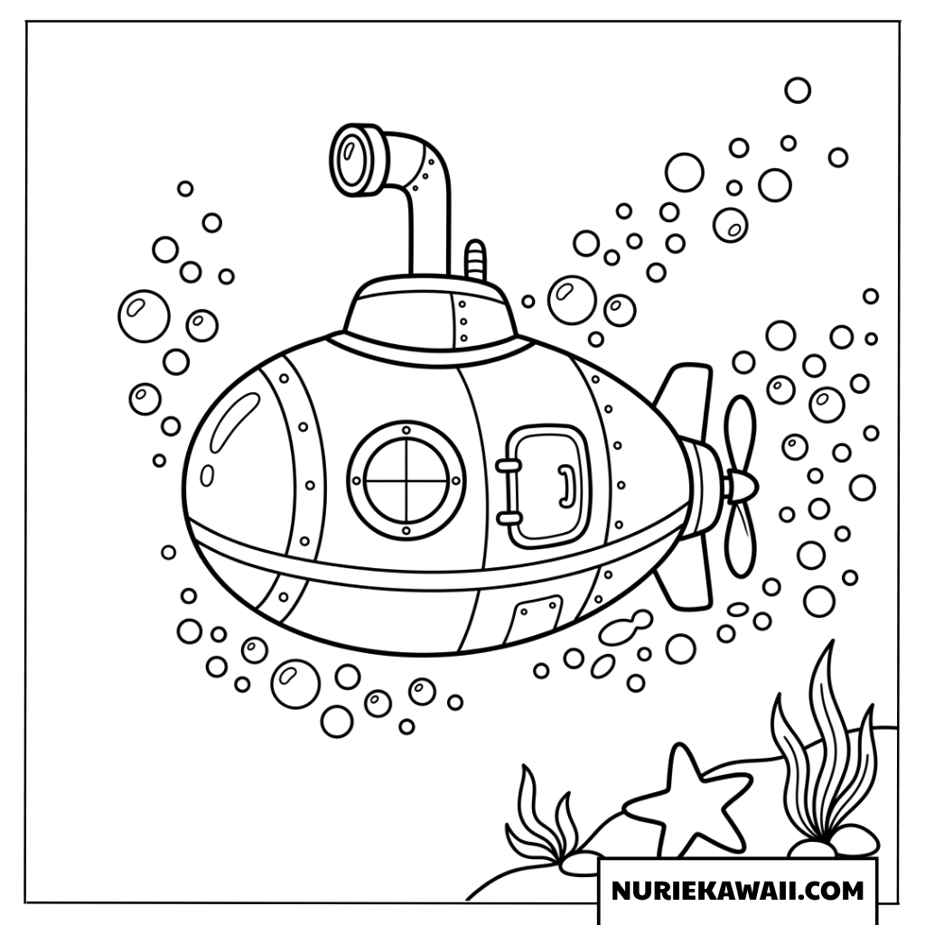 たくさんの泡と一緒に海の中を探索する潜水艦の簡単な塗り絵