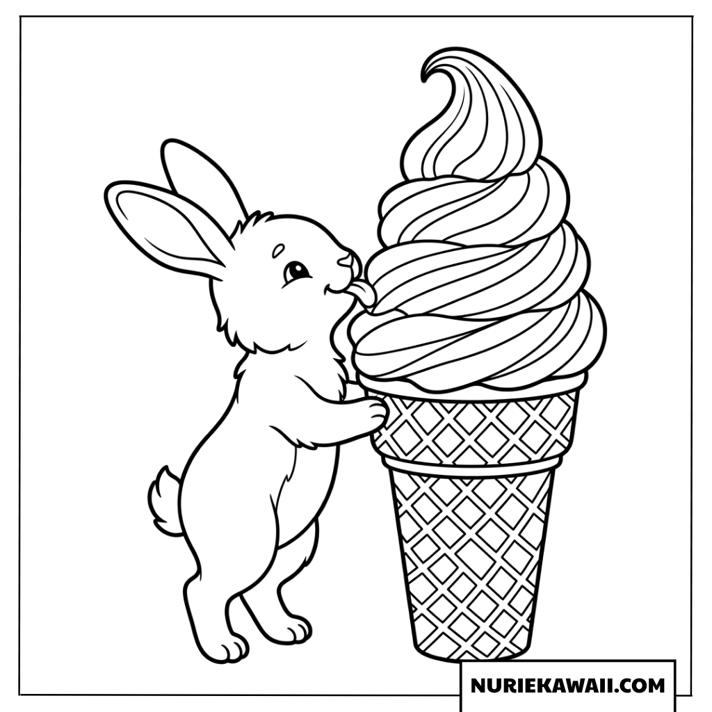 つま先立ちで大きなソフトクリームをなめている可愛いウサギの塗り絵