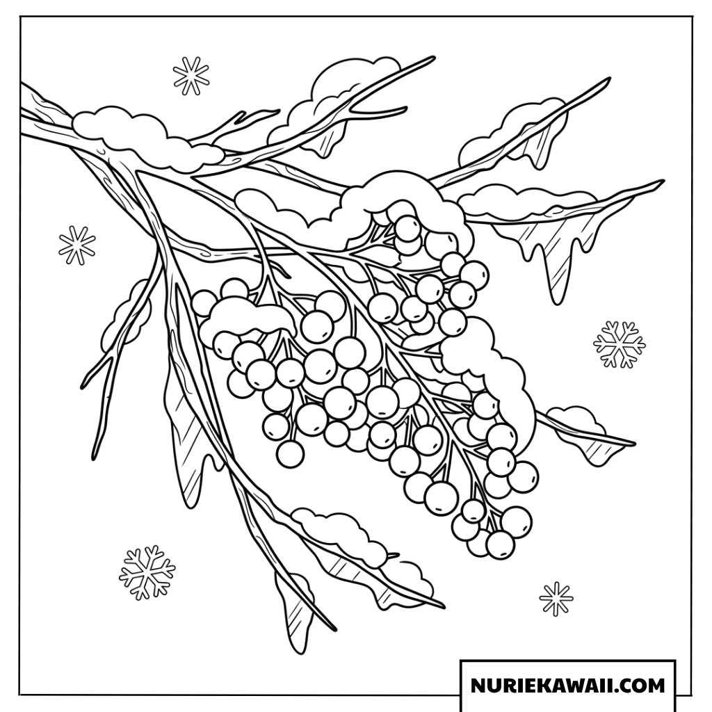 つららと雪結晶が舞う凍りついた枝に実る冬の赤い果実の塗り絵
