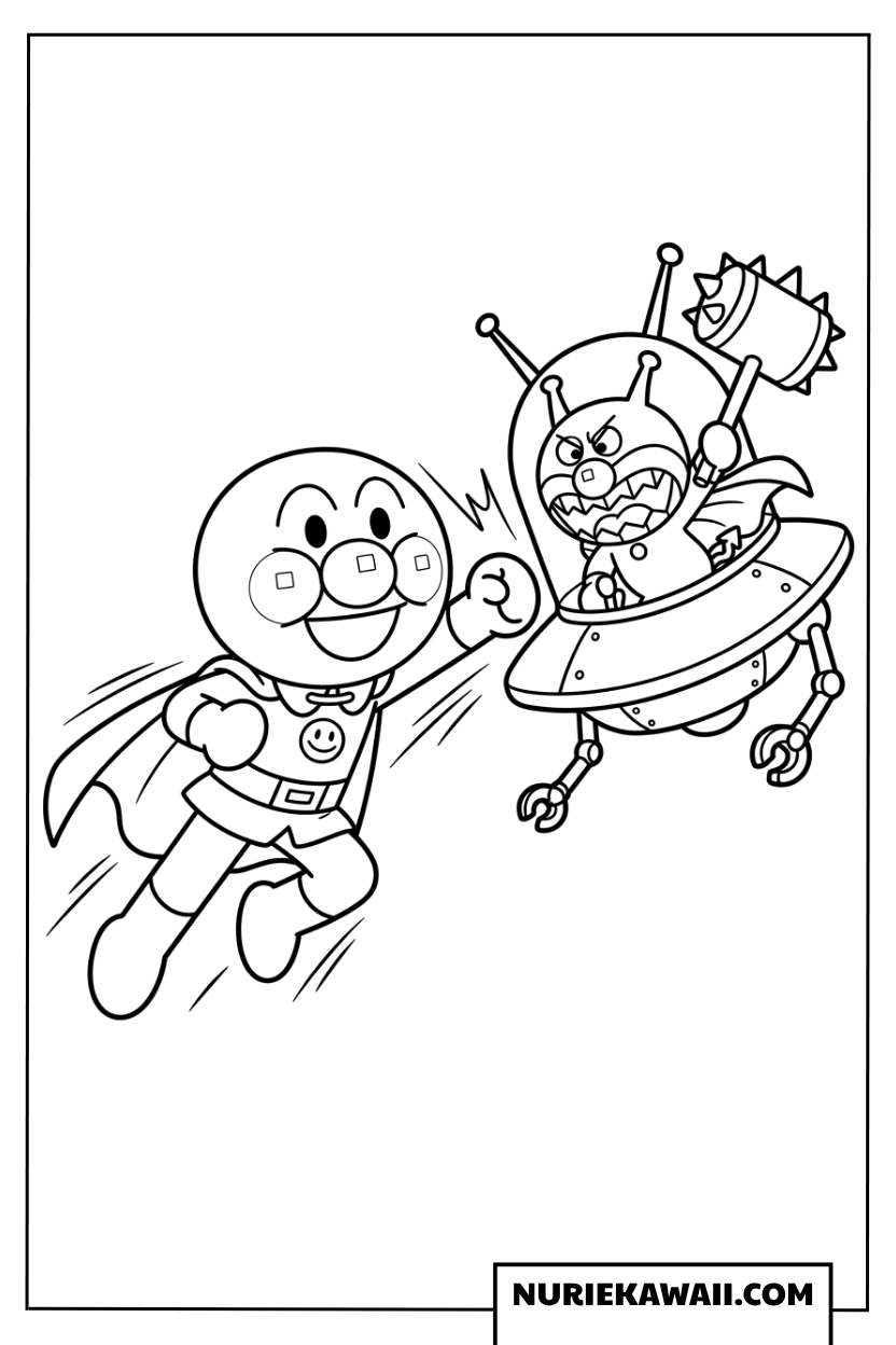 とげとげハンマーのロボと戦うアンパンマンの激しい塗り絵