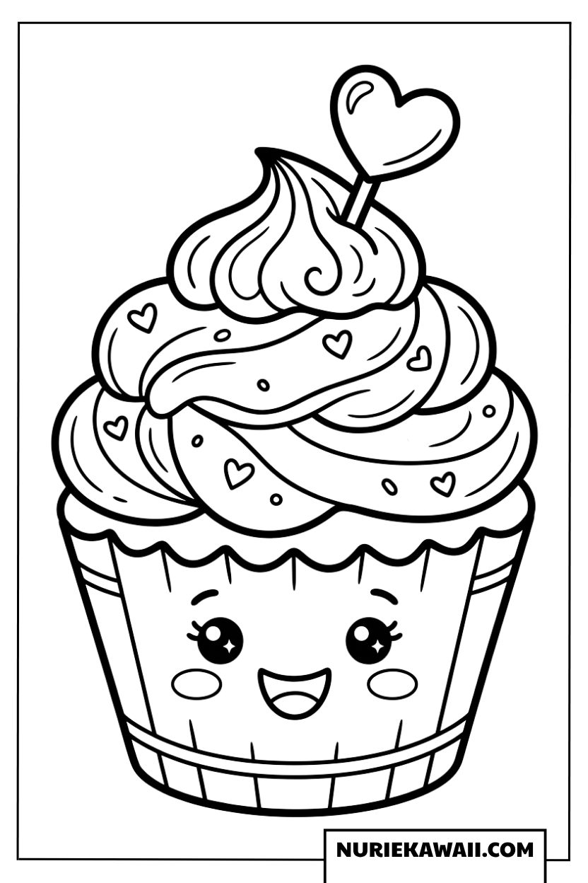 にっこり笑顔の可愛いカップケーキとハートのトッピングの塗り絵