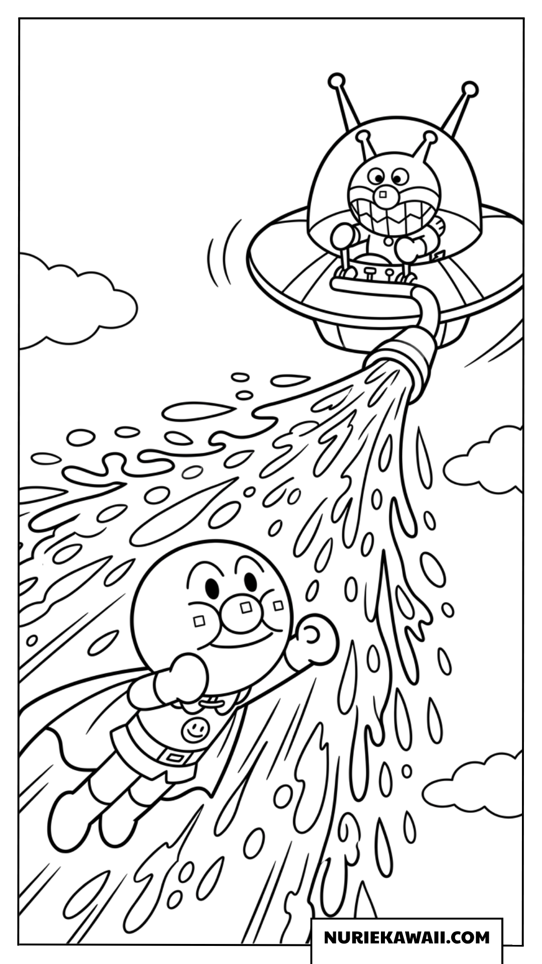 ばいきんまんが水を噴射してアンパンマンを攻撃する塗り絵