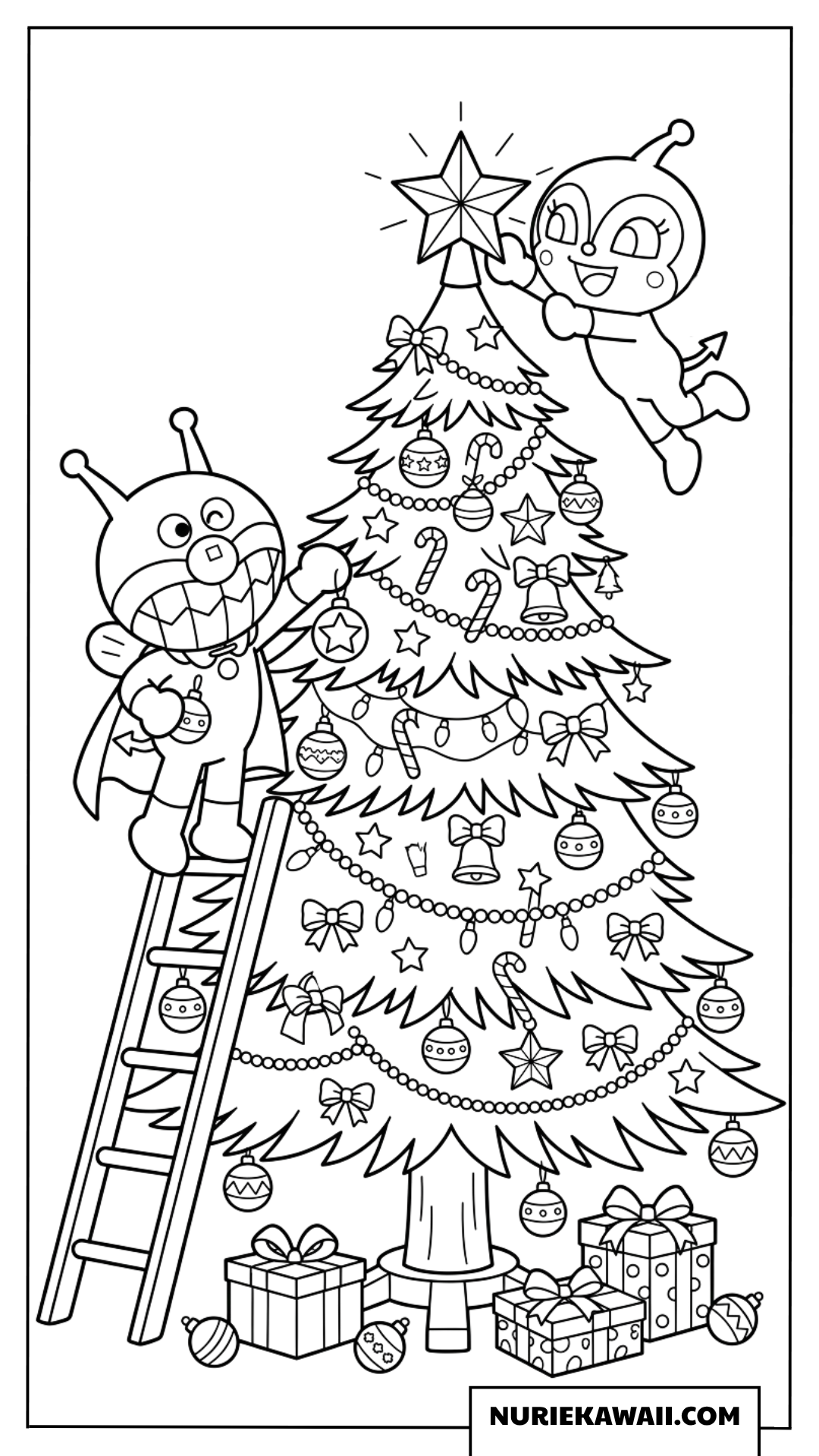 ばいきんまんとドキンちゃんがクリスマスツリーを飾る楽しい塗り絵