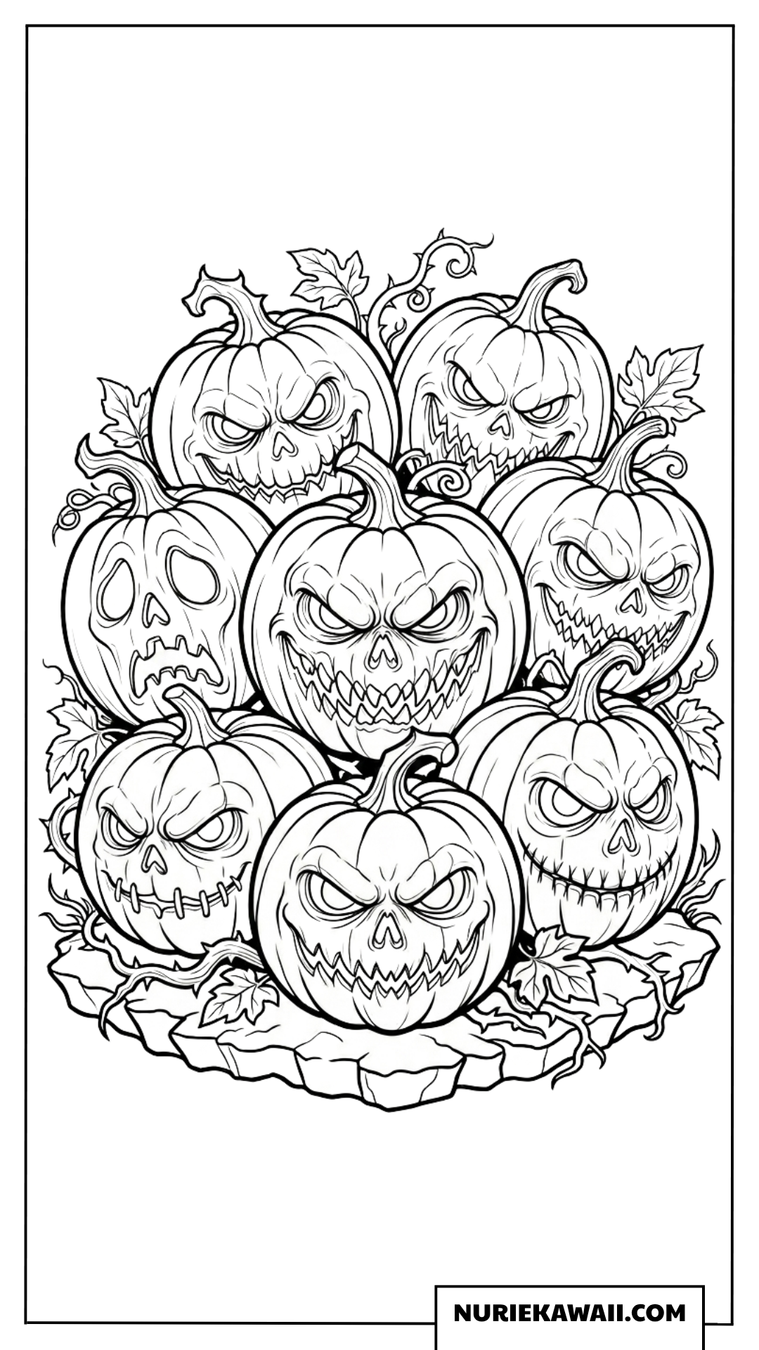 ひび割れた地面に集まる不気味なハロウィンかぼちゃの塗り絵