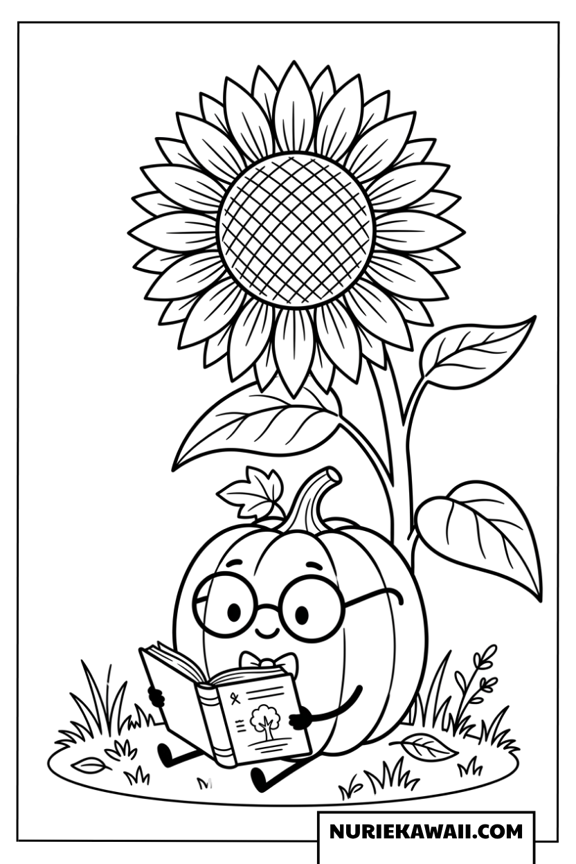 ひまわりの下で本を読むカボチャの塗り絵