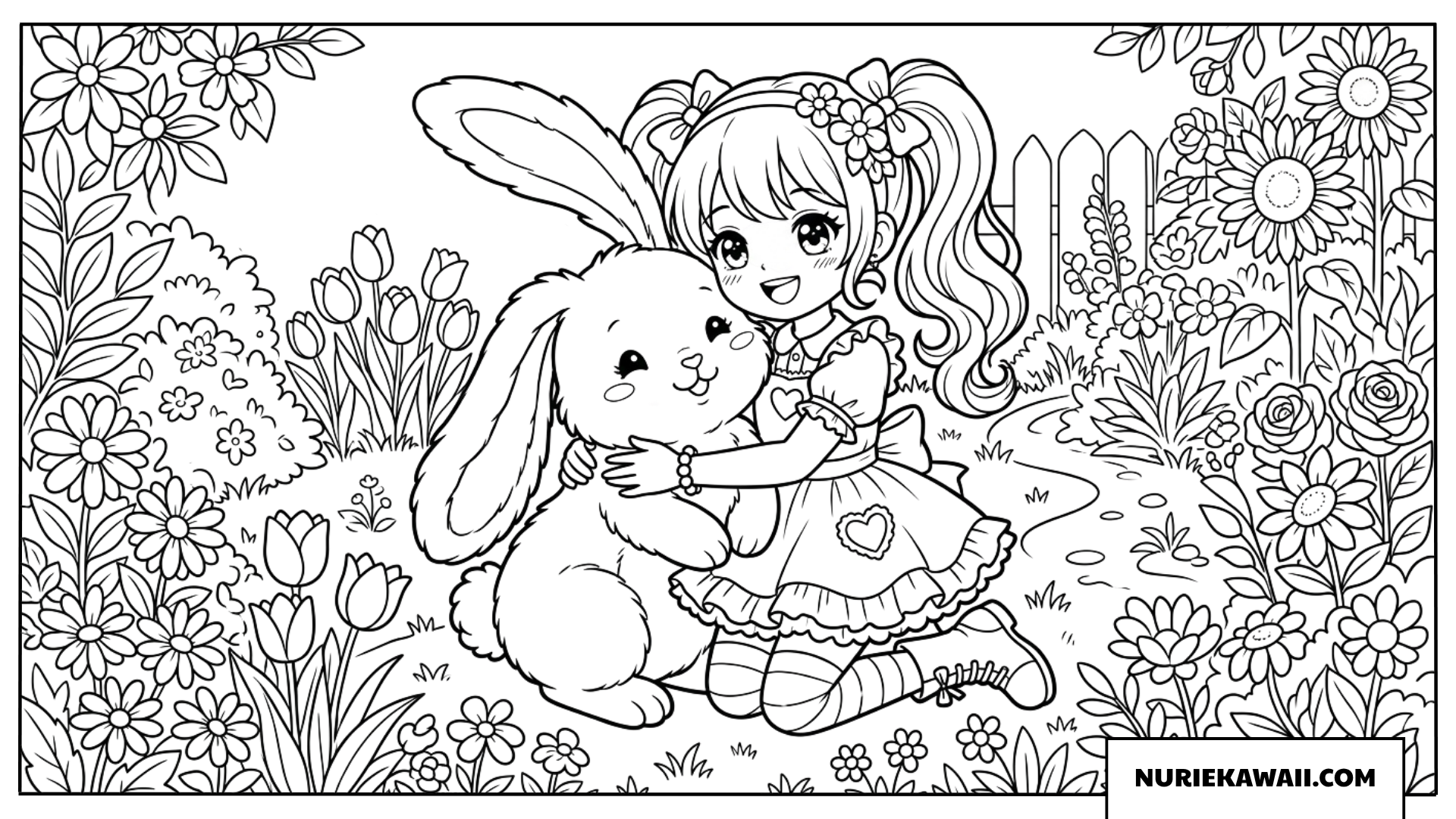 ひまわり畑でうさぎを抱きしめる可愛い女の子の塗り絵