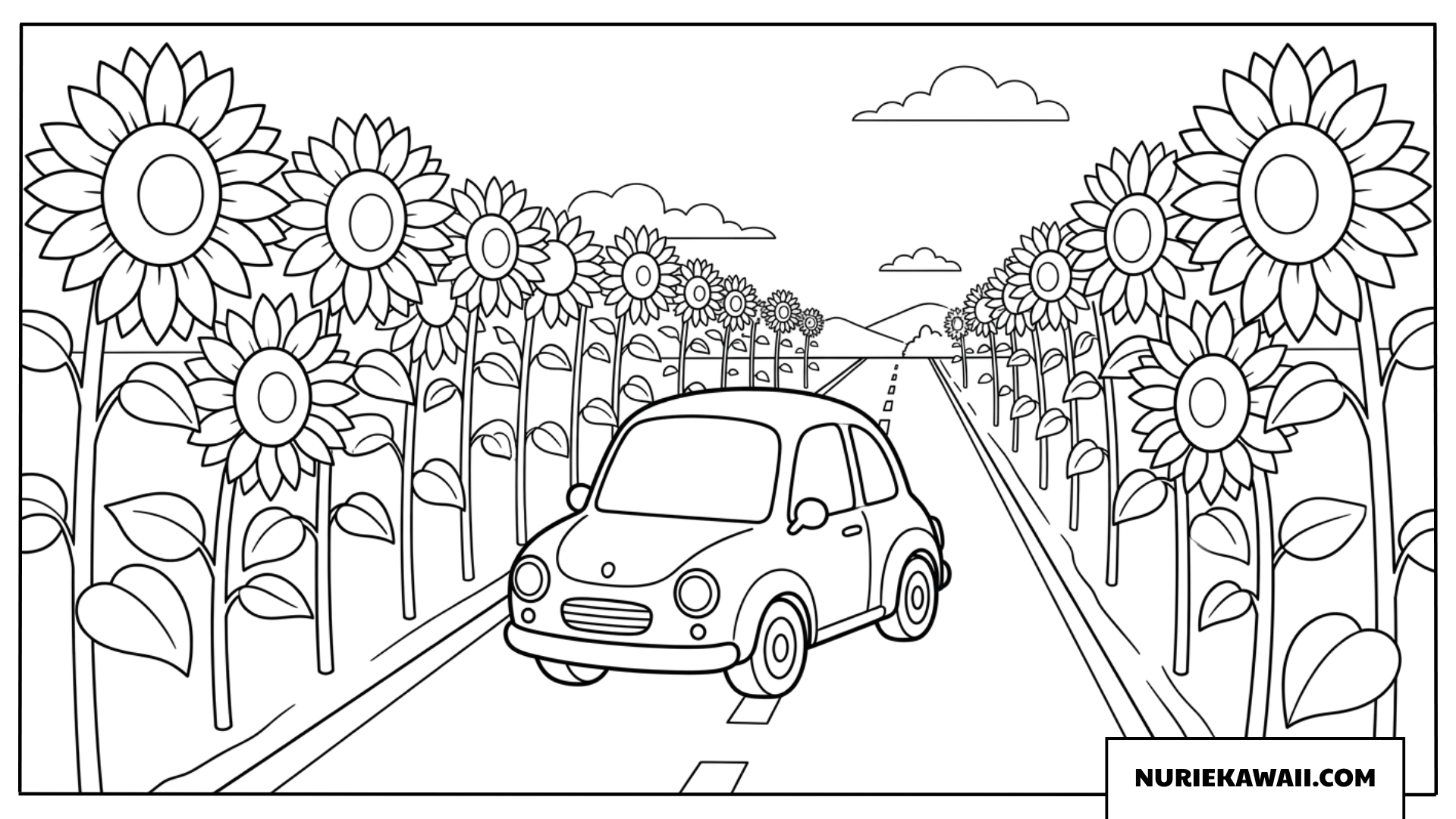ひまわり街道を走るレトロな車のシンプルな塗り絵